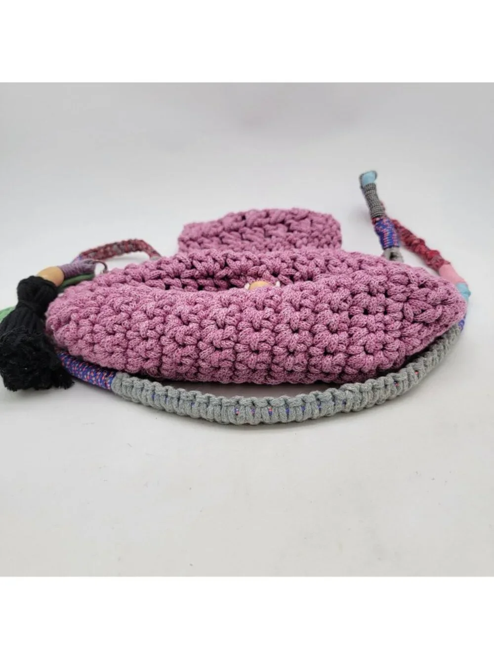 Handcrafted Shooci Crocheted Pink Shoulder Bag w/Yarn Wrap Strap & Tassel Accent - Picture 6 of 10